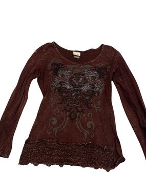 Daytrip Brown Long Sleeve Embellished Scoop Neck Top
